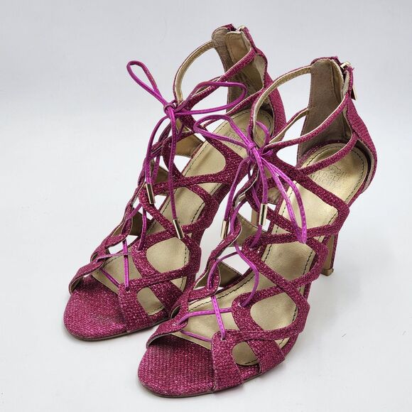 Belle Badgley Mischka Zandra Lace Up Strappy Pink Glitter Heels Size 7 - Picture 3 of 9